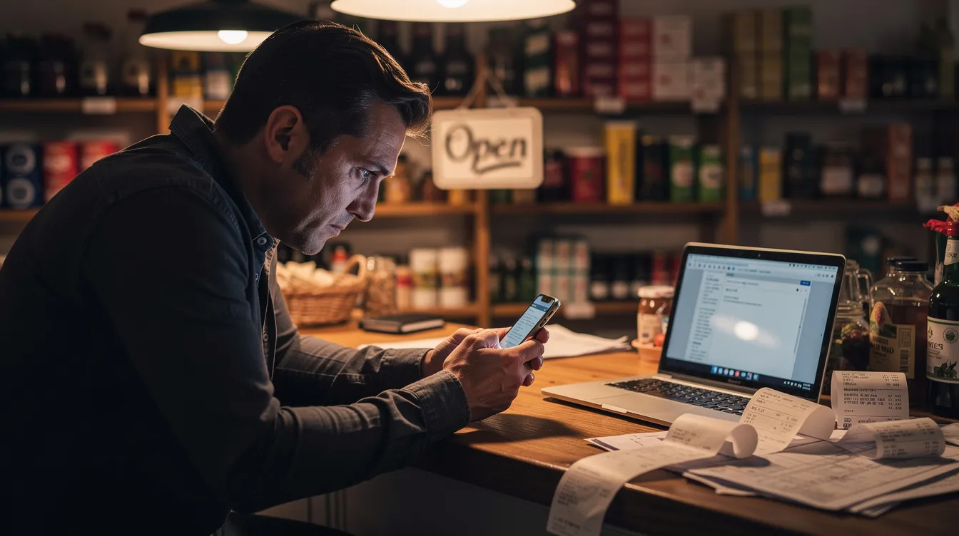 ce4a9c48 2bc6 410b b591 4131e727f3be A small business owner is sitting at a shop counter with a worried expression, glancing at their mobile phone, possibly checking for updates related to their business loan or repayment status under the Mudra loan scheme. The atmosphere suggests concern about their financial situation and the challenges faced by small business owners in managing their loans.