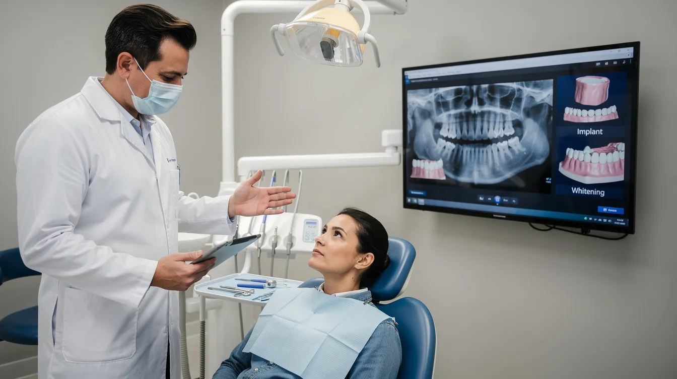 The image shows a patient sitting comfortably in a dental chair while a dentist explains treatment options for wisdom teeth on a screen, highlighting the importance of understanding private tooth extraction costs and potential surgical procedures. The dentist uses visual aids to help the patient feel more informed and at ease about necessary treatments.