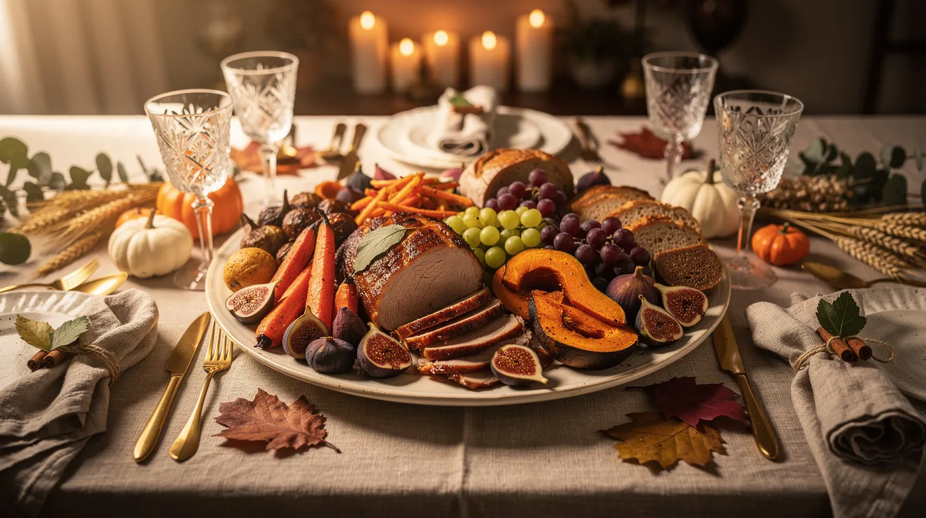 An elegant tablescape features an ivory serving platter adorned with autumn-themed food and seasonal decorations, capturing the essence of life's seasons and the simplicity of fall occasions. The arrangement showcases a unique blend of colors and textures, inviting guests to enjoy a cozy gathering.