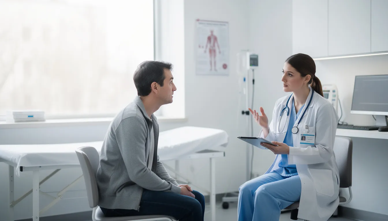 A person is seated across from a healthcare professional in a clinical setting, engaged in a discussion about dietary supplements, including nicotinamide mononucleotide (NMN) and its lawful status according to FDA regulations. The atmosphere is professional, emphasizing the importance of informed consumer choices in the supplement market.