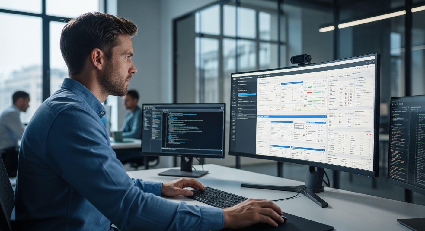 "IT administrator managing all company desktops, apps, and policies from a centralized cloud dashboard.