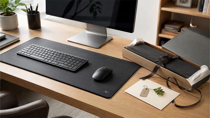 Desk mat birthday gift for remote employees, shown with a keyboard, mouse, monitor, and subtle personalization