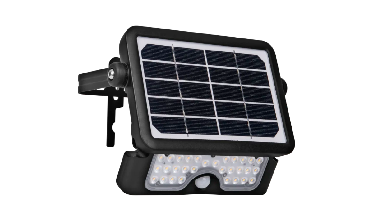 Compact LED solar flood light with sensor and solar panel