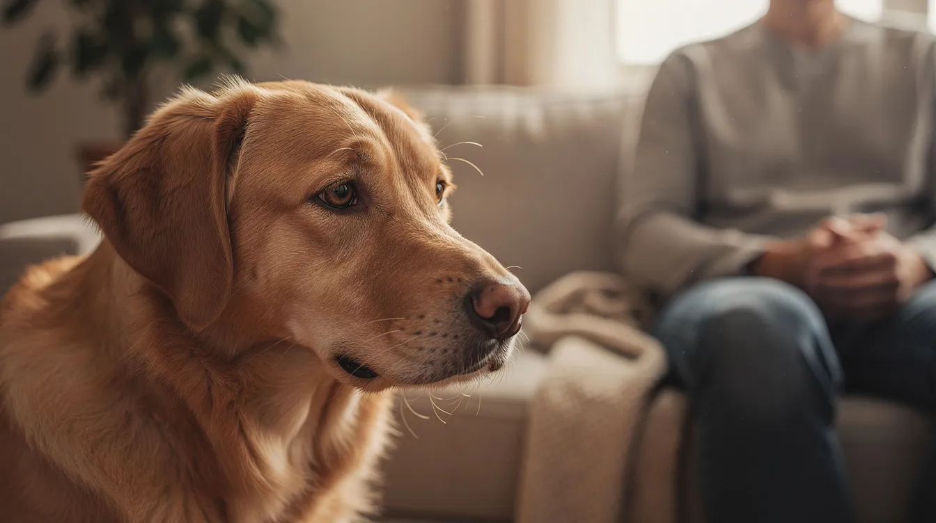 A gentle dog with soft, relaxed eyes gazes lovingly at a nearby person, showcasing the deep bond and affection that many dogs express through their body language and facial expressions. This moment captures a sure sign your dog loves you, as they lean in and maintain eye contact, reflecting their comfort and trust in your presence.
