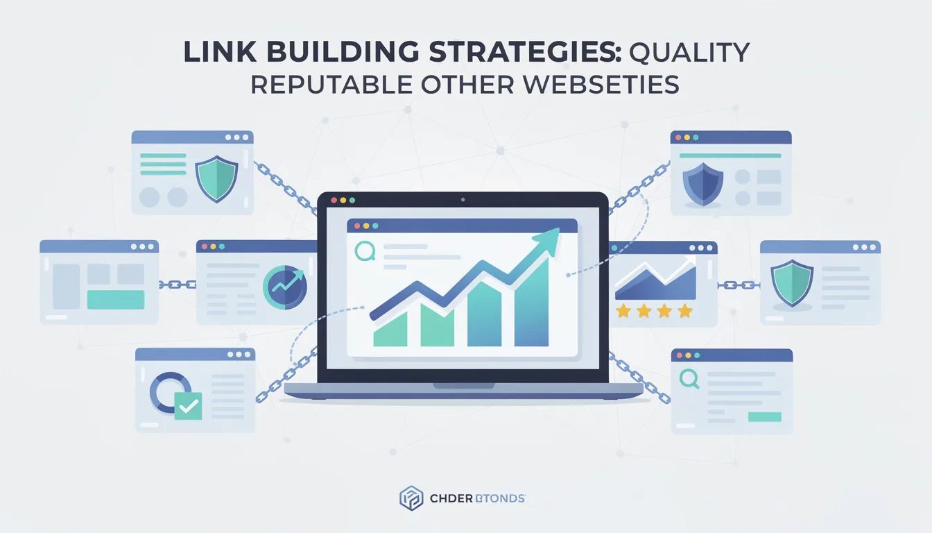 The image illustrates various link building strategies aimed at acquiring quality backlinks from reputable websites, which is essential for improving a site's authority and enhancing its search engine rankings. It highlights the importance of SEO strategies that focus on optimizing web pages, utilizing relevant keywords, and ensuring effective internal links to boost organic search traffic and overall search engine performance.