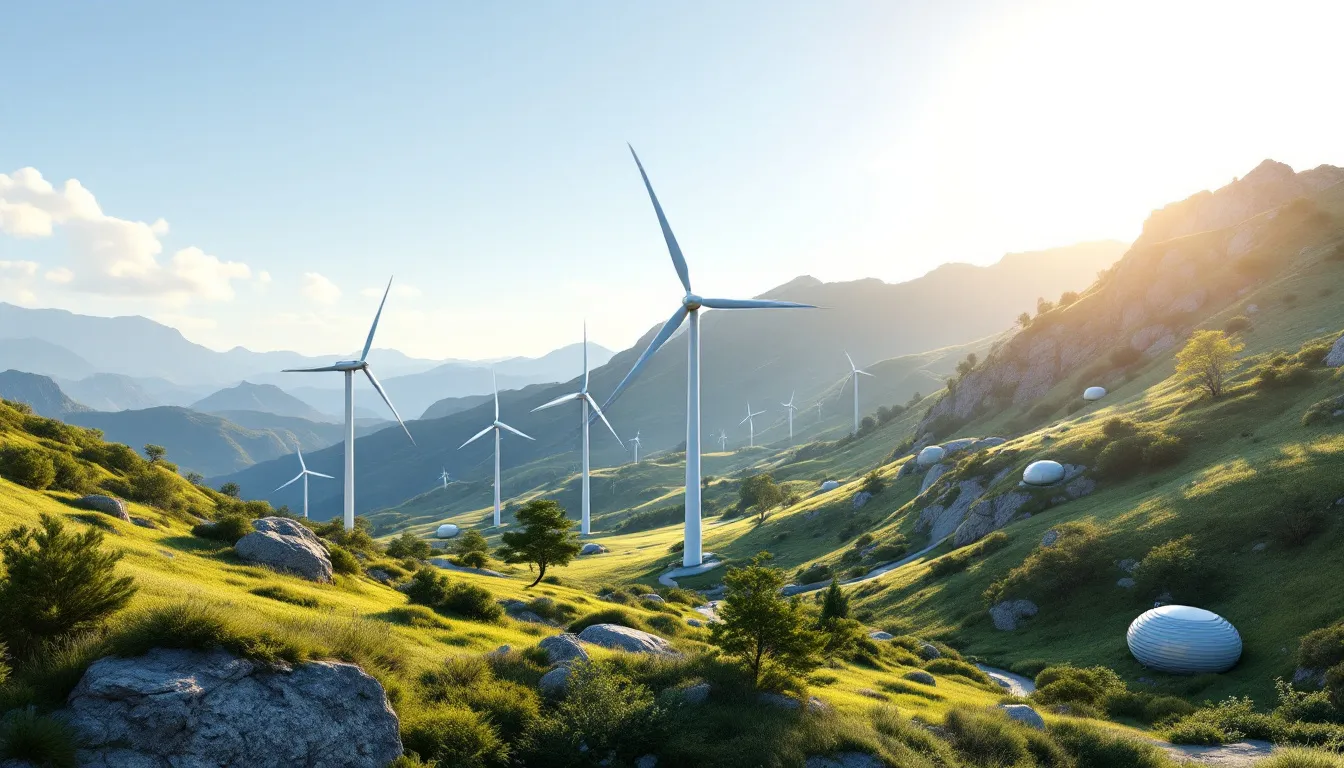Wind energy projects with several wind turbines on a hillside.