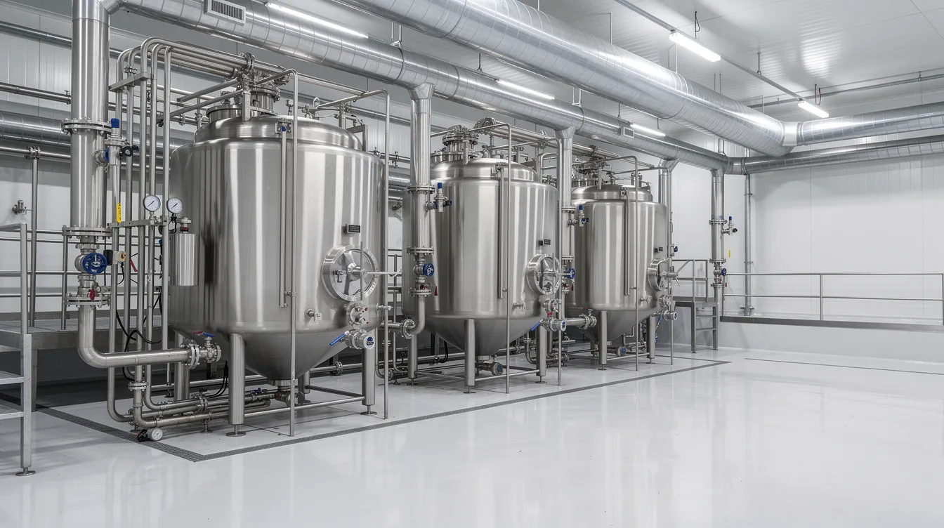 ce571d10 1c02 4ed7 96d6 92a9df3399c1 The image depicts a modern dairy processing factory featuring large stainless steel tanks and extensive piping, essential for the production of whey protein and other dairy products. This industrial setup is crucial for the manufacturing process of whey protein powder, ensuring quality control and efficiency in the whey protein industry.