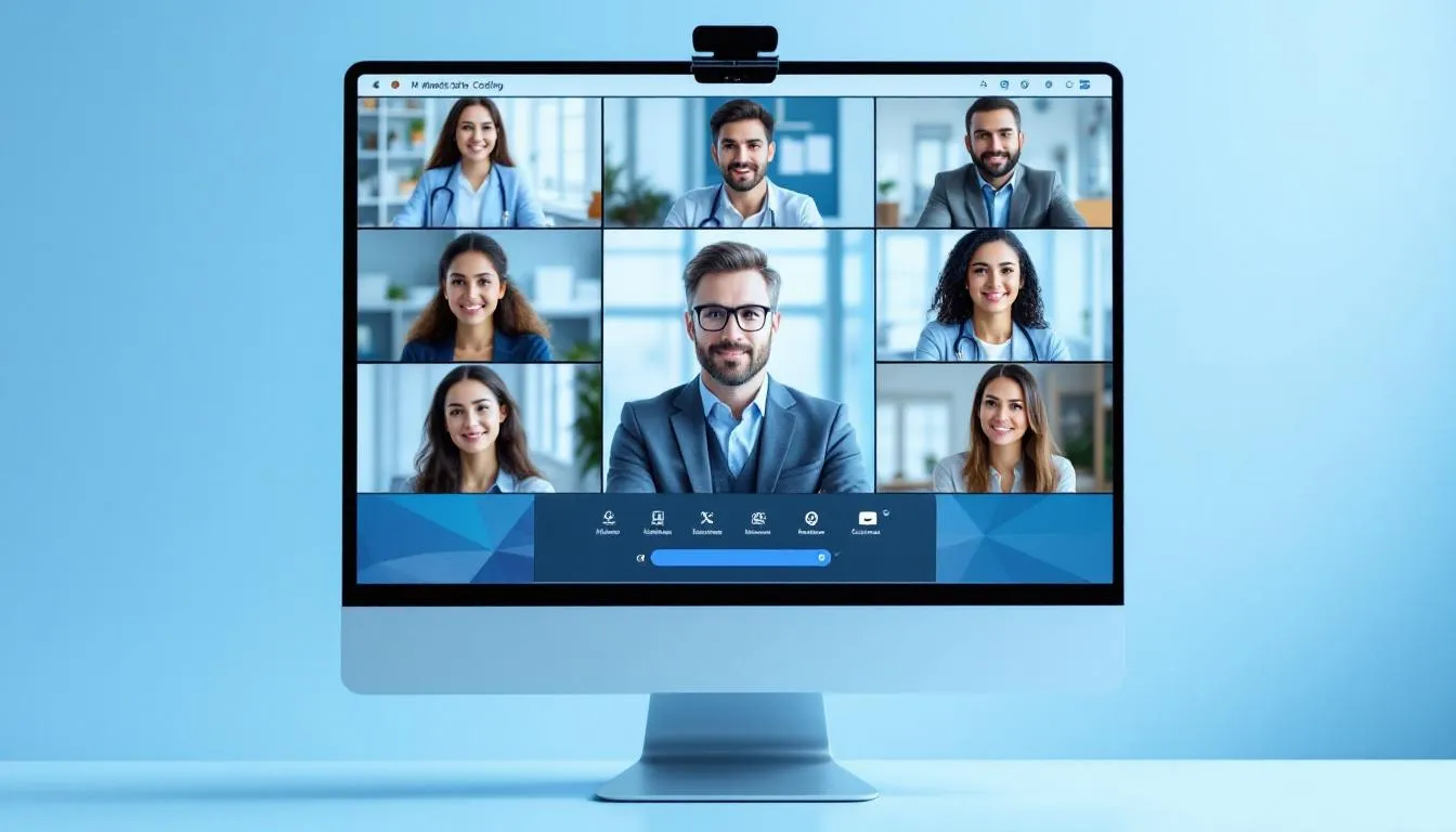 The image depicts a virtual classroom interface with multiple students and an instructor who is presenting medical coding materials, emphasizing online medical billing and coding training. The screen showcases engaged learners participating in a coding program, highlighting the importance of medical terminology and professional coders in the healthcare industry.