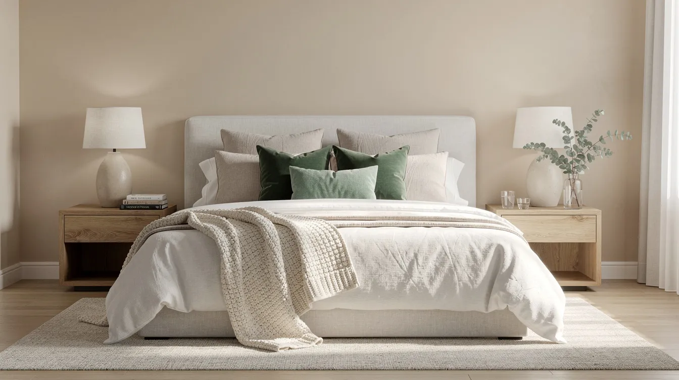 The image features a sophisticated bedroom adorned with layered neutral bedding and eucalyptus green accent pillows, complemented by warm oak nightstands. This harmonious color scheme creates a serene space, showcasing the balance of soft hues and warm colors for a cozy interior design.