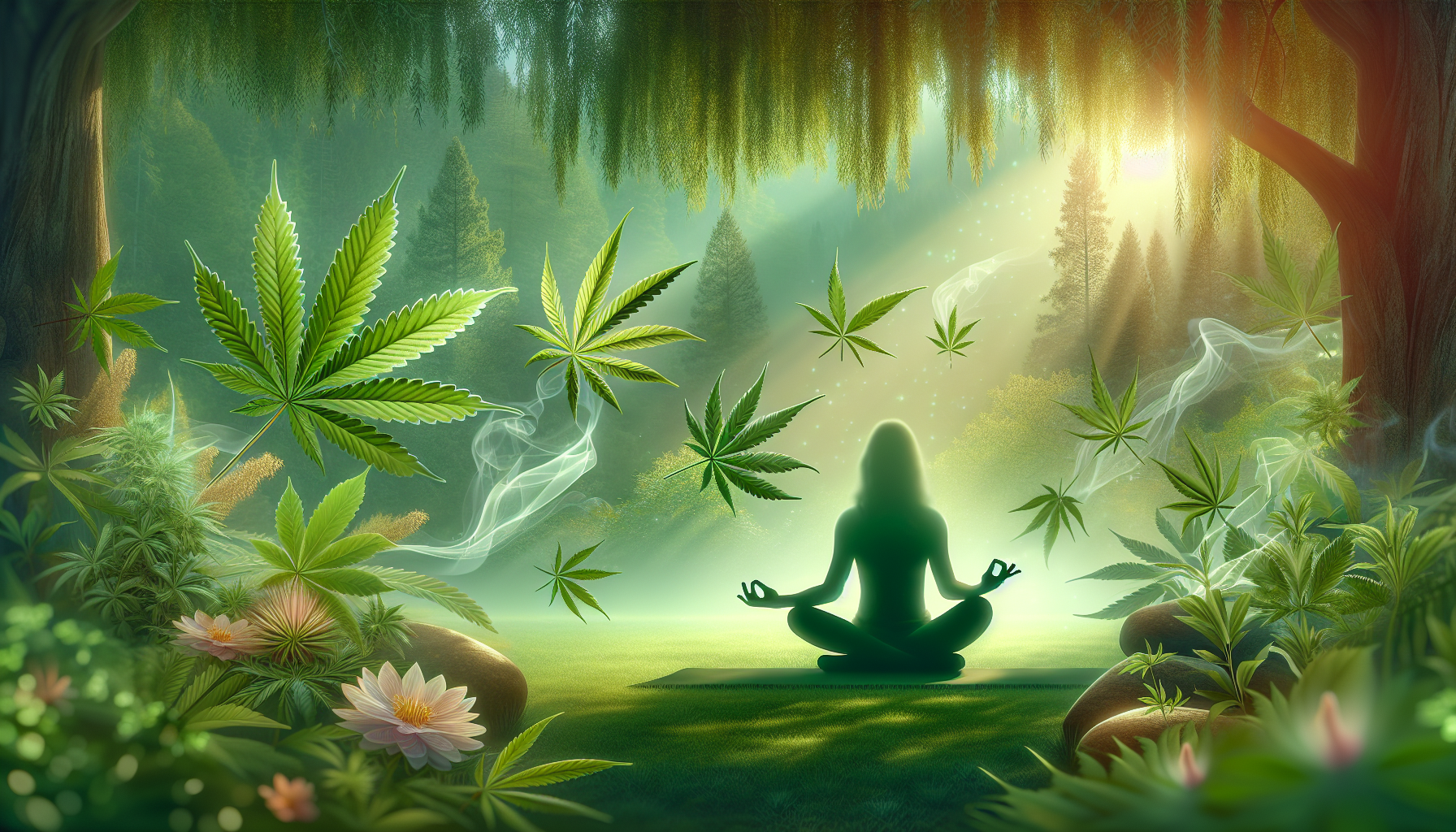 An artistic depiction of incorporating microdosing into wellness practices, featuring yoga and cannabis elements.