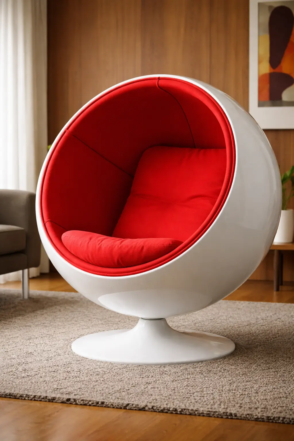 Eero Aarnio’s Ball Chair, accent chairs and coffee tables are essential components of mid-century modern living room decor.