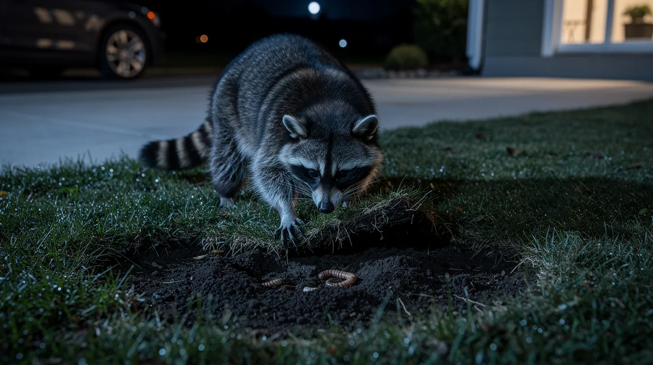 A raccoon is foraging on a suburban lawn at night, pulling back a section of grass to uncover food sources like grubs or insects, which can lead to digging holes and creating shallow depressions in the ground. This common animal is often seen digging in yards, especially during late summer, as it searches for food.