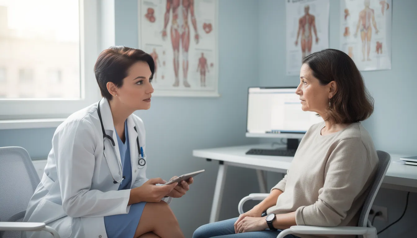 A healthcare professional is consulting with a patient in a bright, welcoming office setting, discussing ways to naturally produce testosterone and strengthen the immune system. The scene reflects a supportive environment focused on health and wellness, emphasizing the importance of managing stress levels and maintaining a strong, healthy immune system.