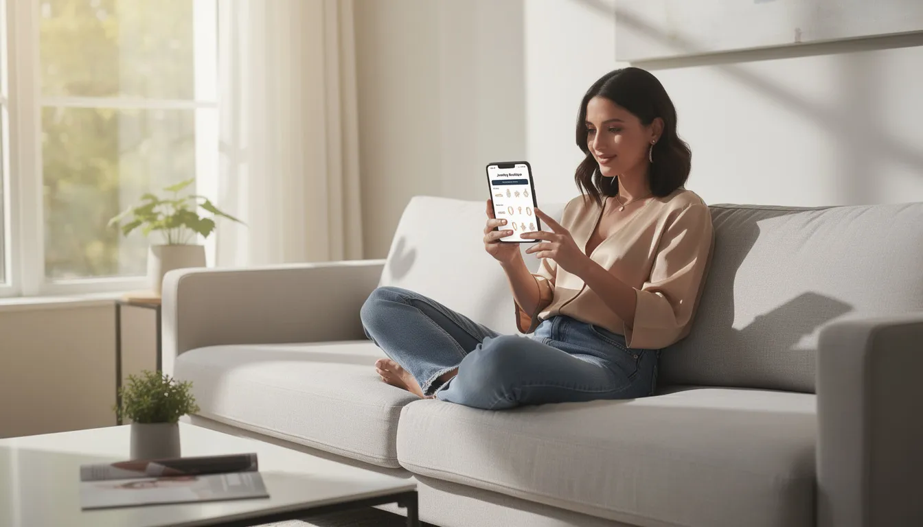 A woman is sitting in a bright, modern room, browsing a jewellery website on her smartphone. The scene captures her engaged in an online shopping experience, highlighting the intersection of digital marketing and consumer behavior in today's tech-savvy world.