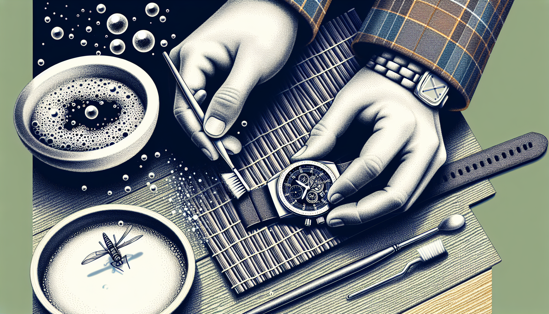 Artistic depiction of cleaning a rubber watch strap