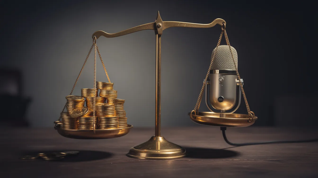 Die elegante Waage zeigt auf der einen Seite Goldmünzen, die Reichtum symbolisieren, und auf der anderen Seite ein Mikrofon, das für Unterhaltung und die Musikwelt steht. Diese Darstellung verdeutlicht die Balance zwischen Geld und Erfolg in der Karriere von Stars wie Elton John und David Beckham.