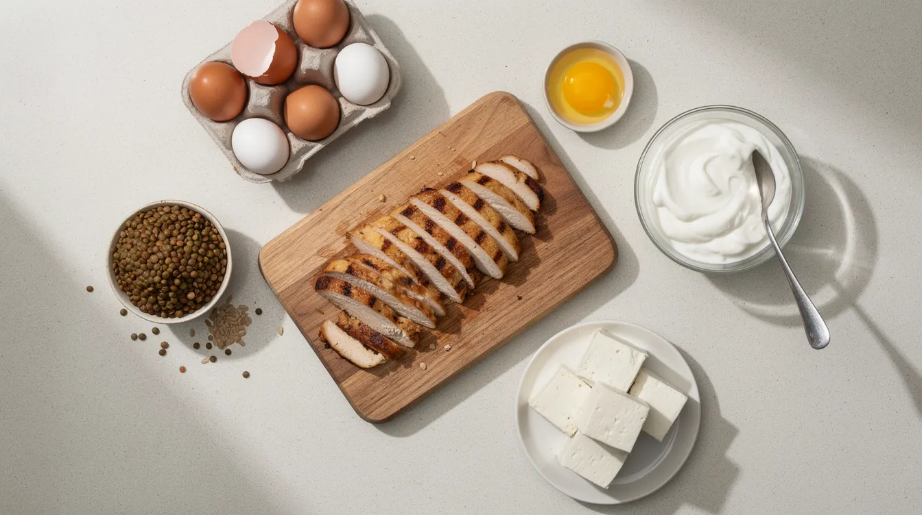 The image showcases a variety of protein-rich ingredients, including grilled chicken, eggs, lentils, Greek yogurt, and tofu, all neatly arranged on a kitchen surface, perfect for meal prep and creating balanced meals. This colorful assortment highlights options for high protein recipes that support nutritional goals and muscle maintenance.