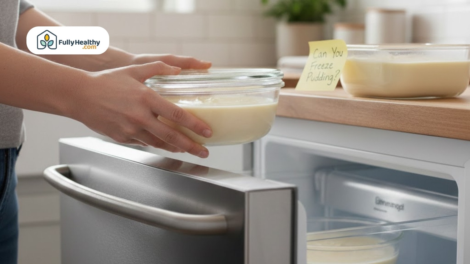 Person placing covered pudding bowl inside refrigerator drawer