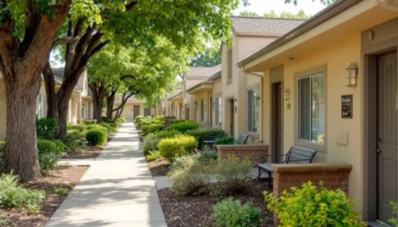 In the image, a cozy retirement community is depicted, featuring well-maintained walkways and senior-friendly housing that promotes a comfortable lifestyle for older adults. The inviting environment suggests a supportive atmosphere where residents can enjoy their retirement years.