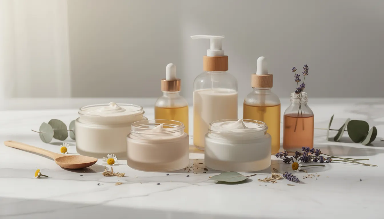 The image features handcrafted natural cosmetics elegantly displayed in glass containers on a sleek marble surface, showcasing a variety of organic makeup products made with certified organic ingredients. These clean beauty items emphasize the use of natural ingredients, free from harmful chemicals and toxic makeup brands, highlighting a commitment to a sustainable and non-toxic beauty routine.