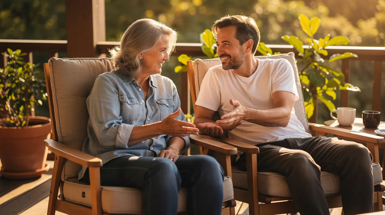 An older adult and their adult child are seated on a sunny porch in comfortable chairs, engaged in a warm conversation, embodying the emotional support and connection that family caregivers often provide. This scene highlights the importance of family members in caregiving roles, emphasizing the value of support groups and caregiver training for those involved in caring for older relatives.