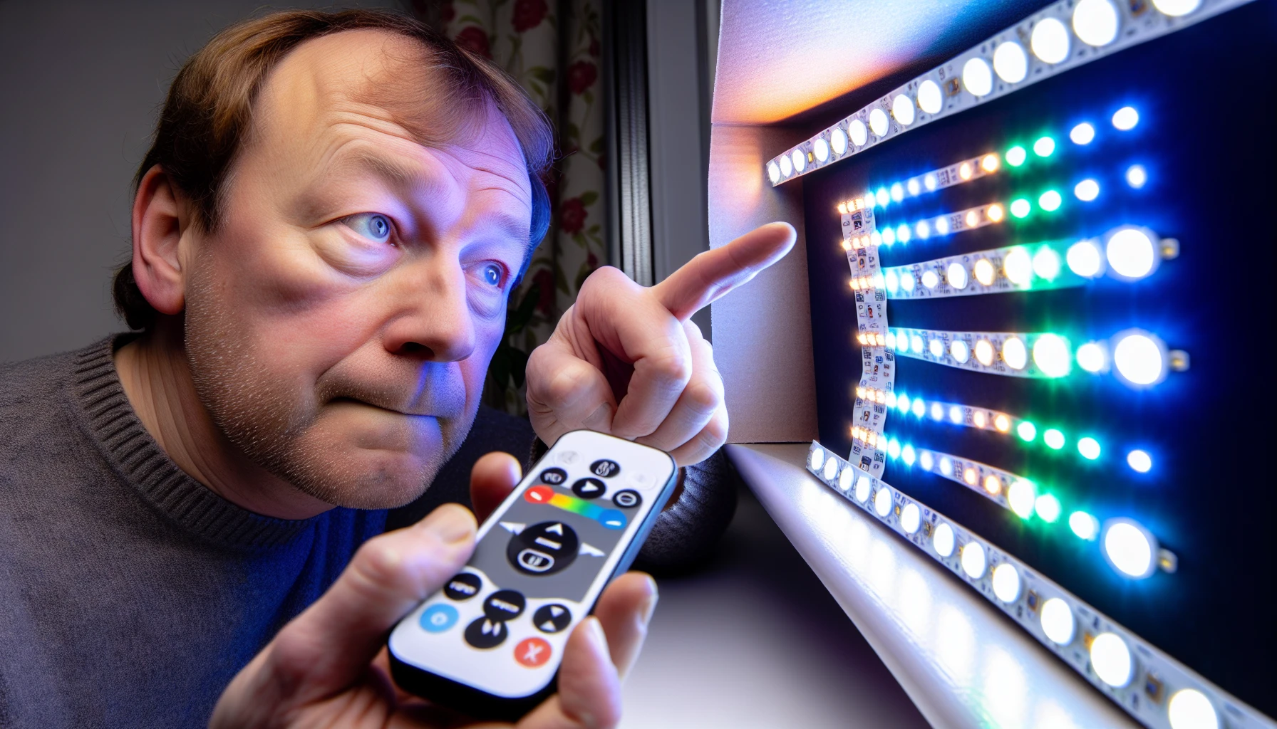 User adjusting the brightness and color of Tenmiro LED lights with a remote control