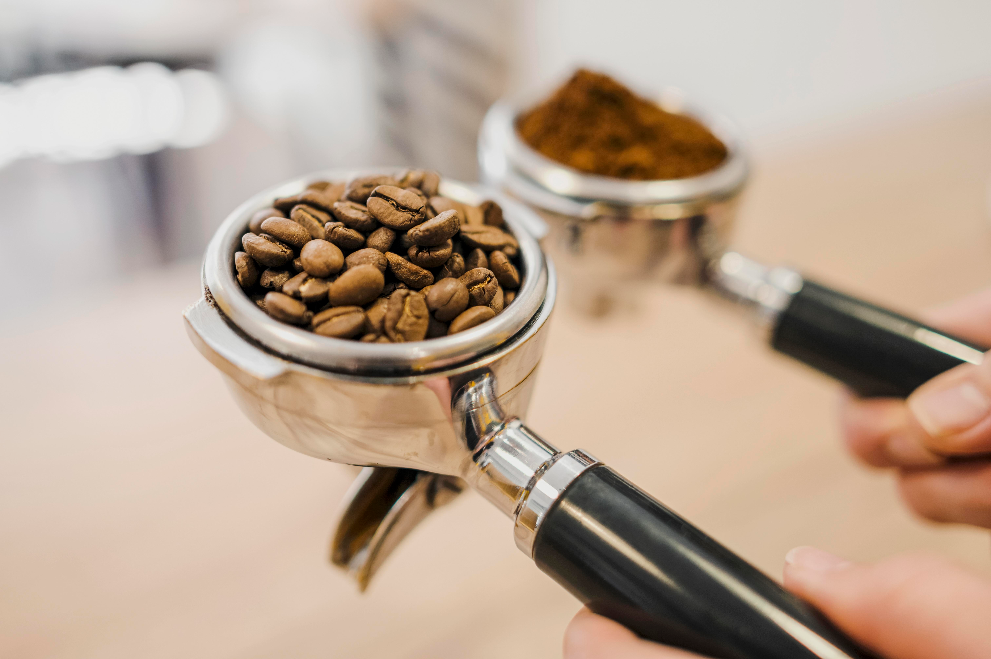 Roasted coffee beans in a portafilter