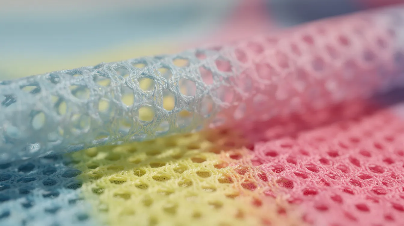 Die Nahaufnahme zeigt die Struktur des Mesh-Gewebes eines bunten Kindersporttrikots, das für verschiedene Mannschaftssportarten geeignet ist. Die feine Textur und das Design des Trikots betonen die Bewegungsfreiheit und den Teamgeist, ideal für kleine Sportler beim Training oder im Spiel.