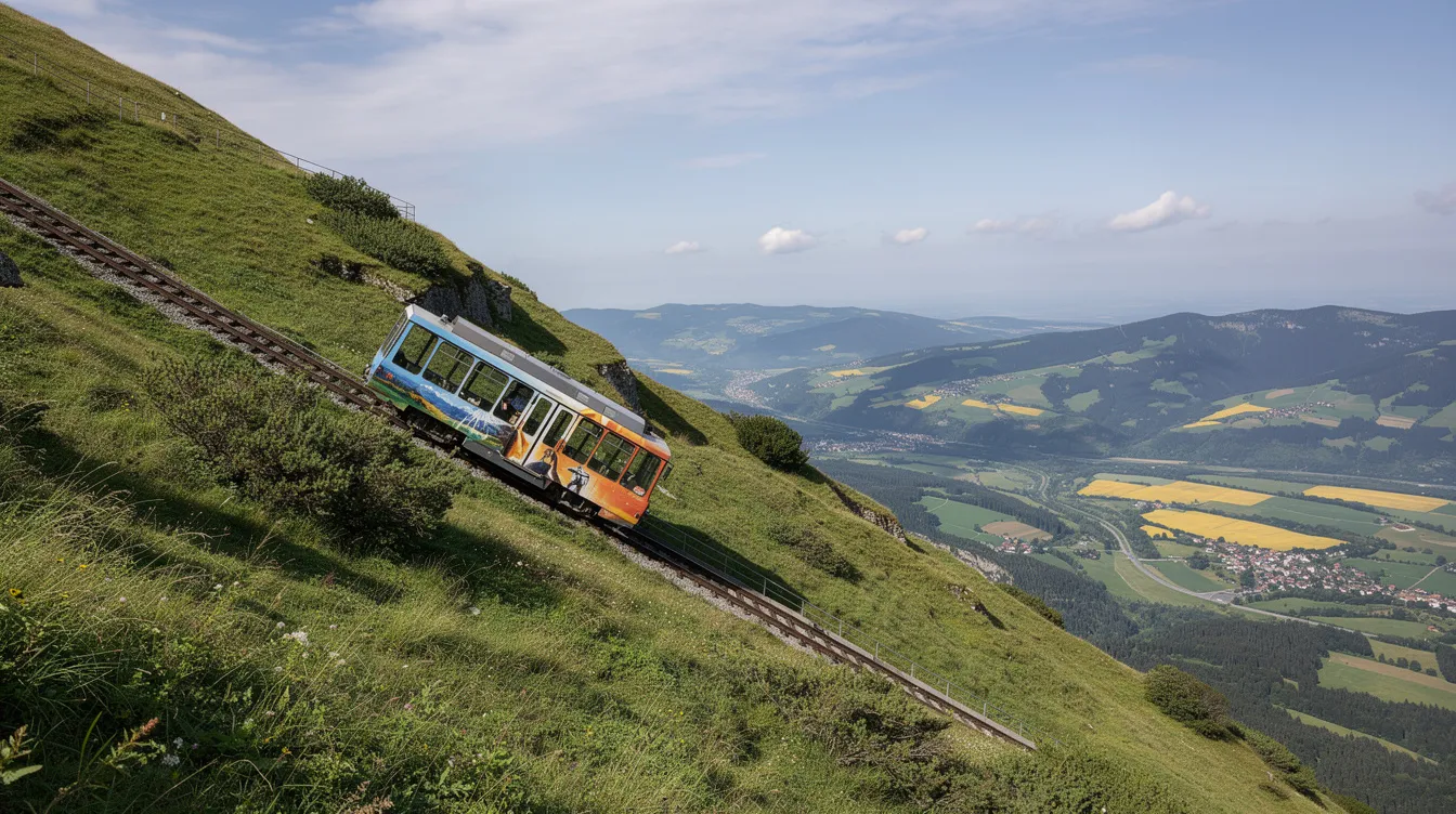 Um funicular sobe pela encosta verde de uma montanha, com uma ampla paisagem ao fundo, revelando a beleza das montanhas da Polônia. Esta cena evoca a tranquilidade e a natureza exuberante que cercam destinos como Zakopane, um lugar popular para os amantes de esportes e turismo na região.