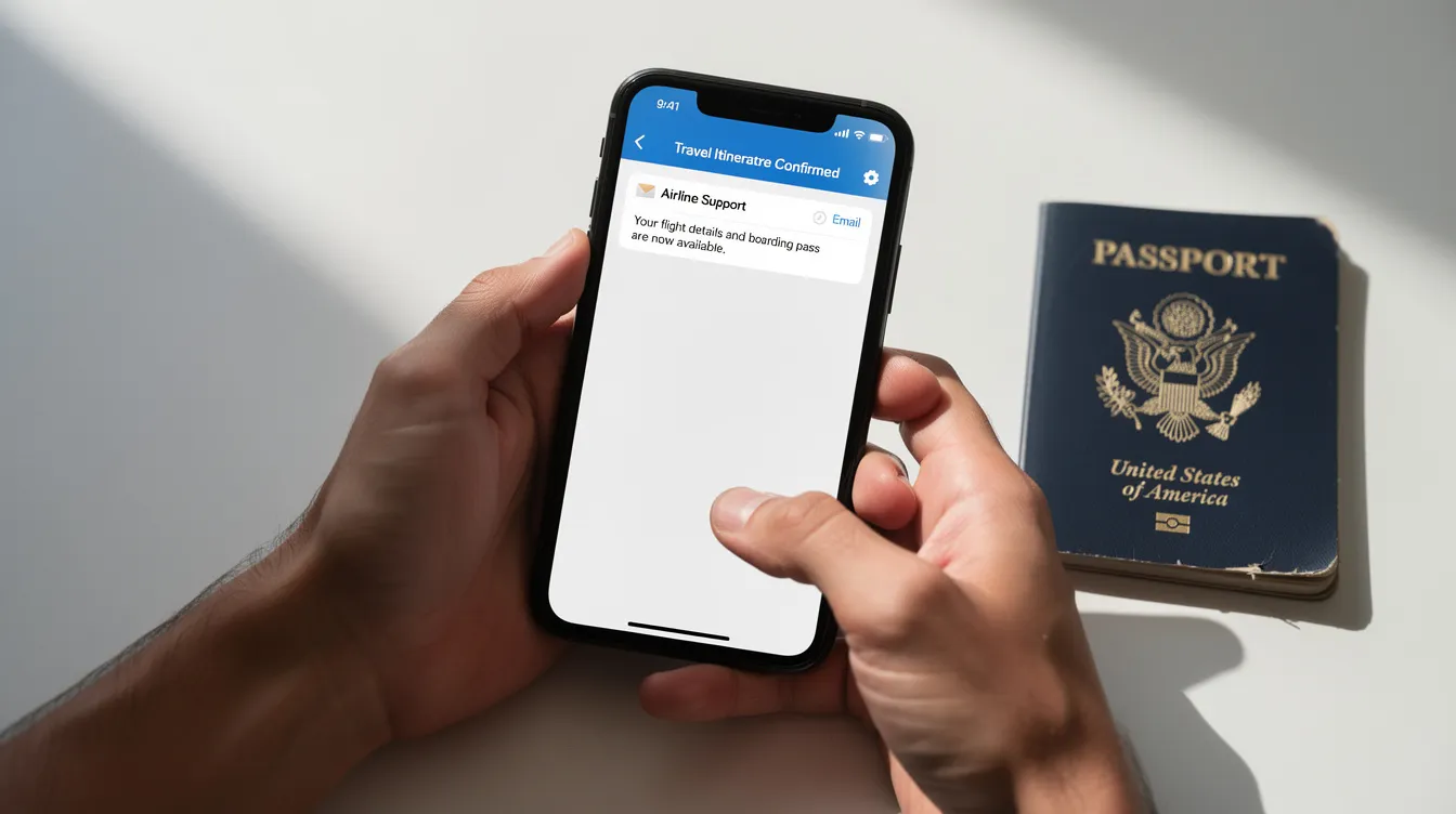A close-up image shows hands holding a smartphone displaying an email notification next to a valid passport, highlighting the importance of required documents like an e tourist visa for travelers visiting India. The scene emphasizes the convenience of managing visa applications online for foreign nationals.