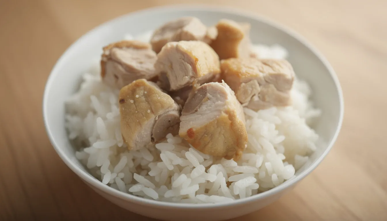 Na zdjęciu znajduje się miska wypełniona gotowanym ryżem oraz kawałkami gotowanego kurczaka, co może być lekkostrawnym posiłkiem dla psa, szczególnie w przypadku wystąpienia biegunki. Tego rodzaju dieta jest często zalecana przez lekarzy weterynarii w celu wsparcia układu pokarmowego zwierzęcia.