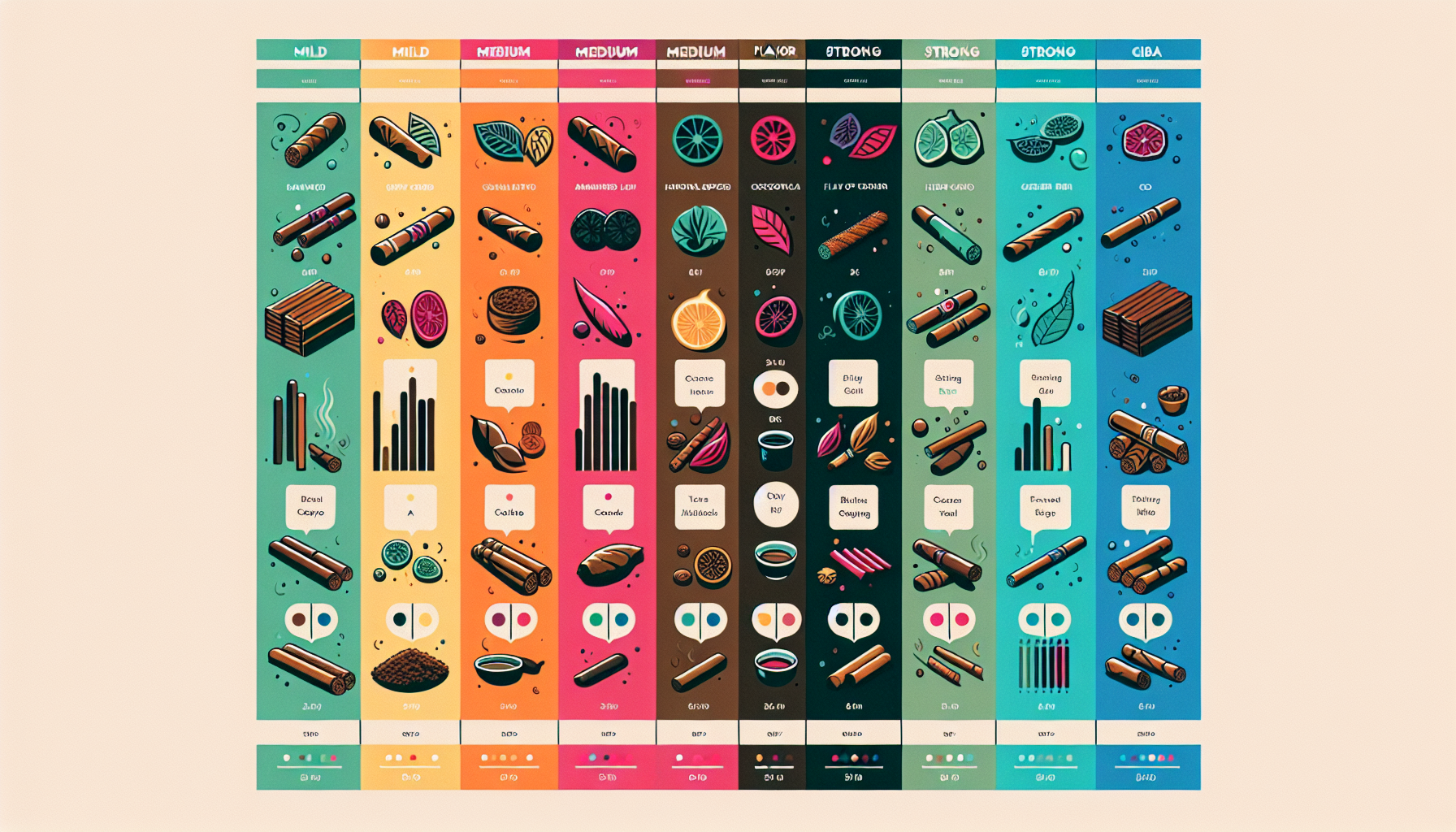 A visual guide showing different cigar strengths and flavor profiles, including Flor de las Antillas.