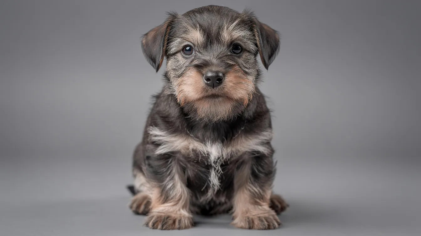 A playful Cesky Terrier puppy with a slightly wavy, light brown coat and natural drop ears sits on a soft surface, exuding a friendly personality. This small dog breed, known for its active nature, showcases its adorable features, including short legs and yellow markings, making it a charming companion.