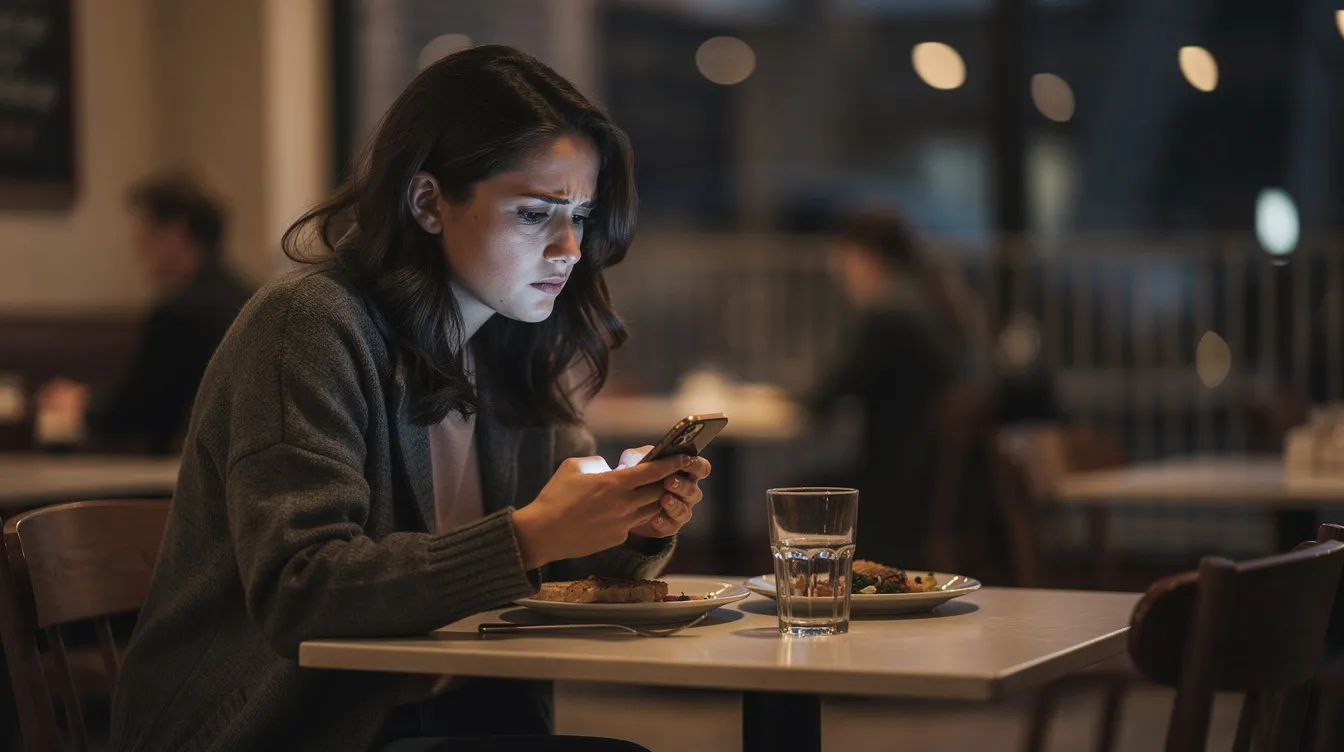 A woman sits alone at a restaurant table, looking disappointed as she checks her phone, suggesting a moment of frustration in her dating experience. This scene reflects the challenges of online dating and the importance of relationship compatibility, as she may be seeking a deeper connection with potential partners who share her values and intentions.