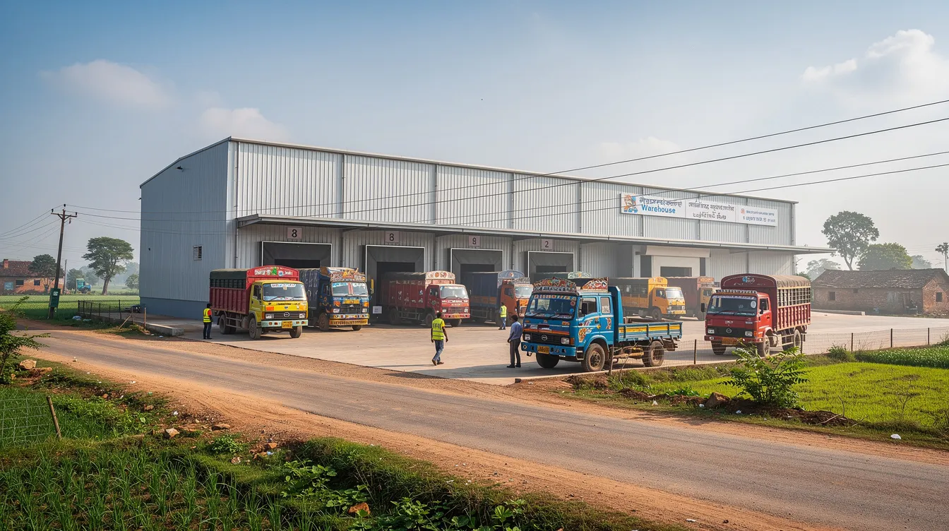 ce6f4c8f aba9 4c4a bb09 8c4b8b343471 The image depicts a modern warehouse facility in a rural Indian setting, featuring a loading dock and several transport trucks ready for grain handling. This storage infrastructure is essential for improving food security and reducing post-harvest losses, contributing to the operational efficiency of grain storage projects in India.