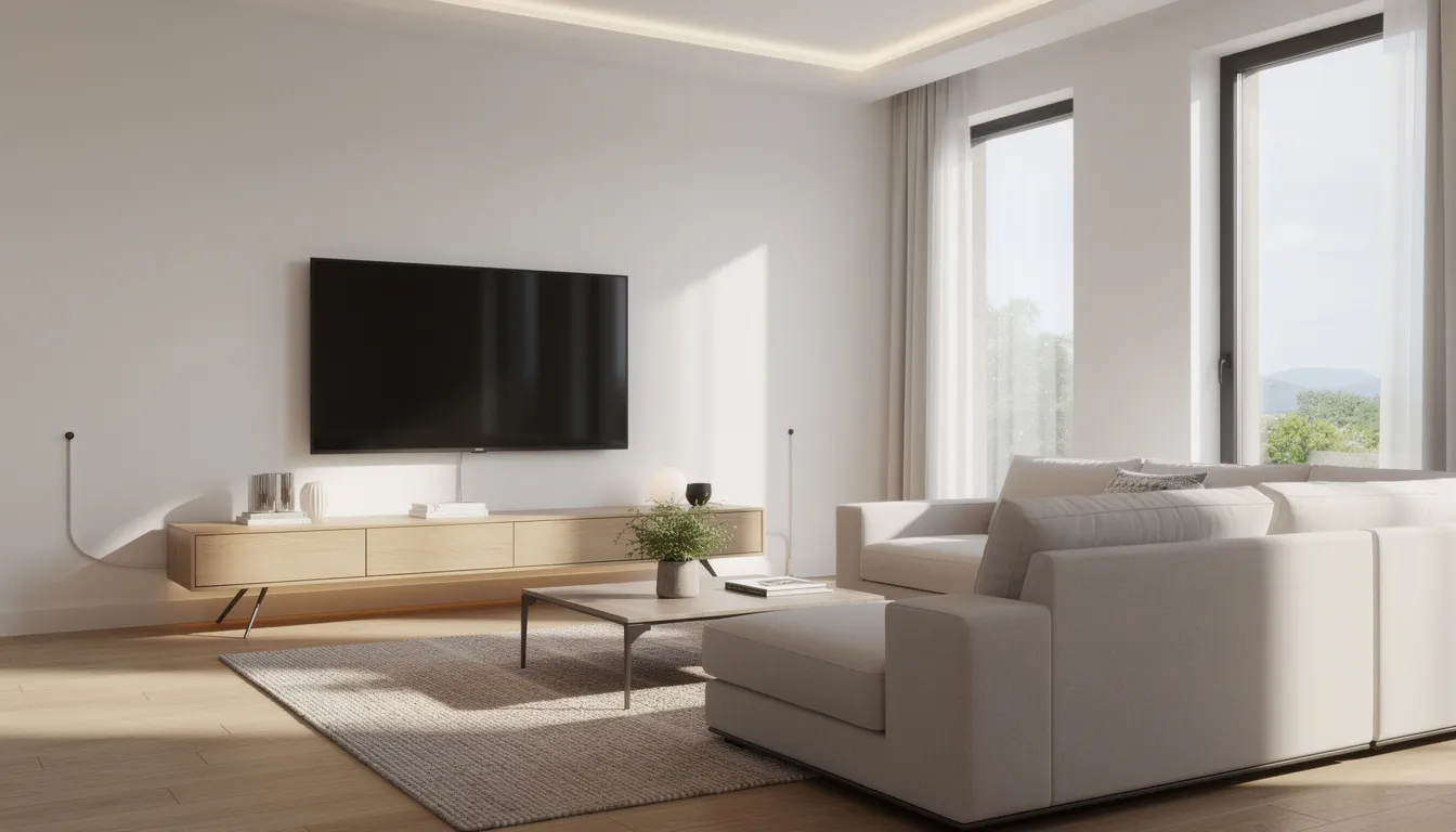 The image depicts a modern living room featuring a wall-mounted flat screen TV with minimal visible cables, creating a clean and sleek aesthetic. This setup is ideal for optimal performance of DSTV systems, showcasing the benefits of professional DSTV installation services.