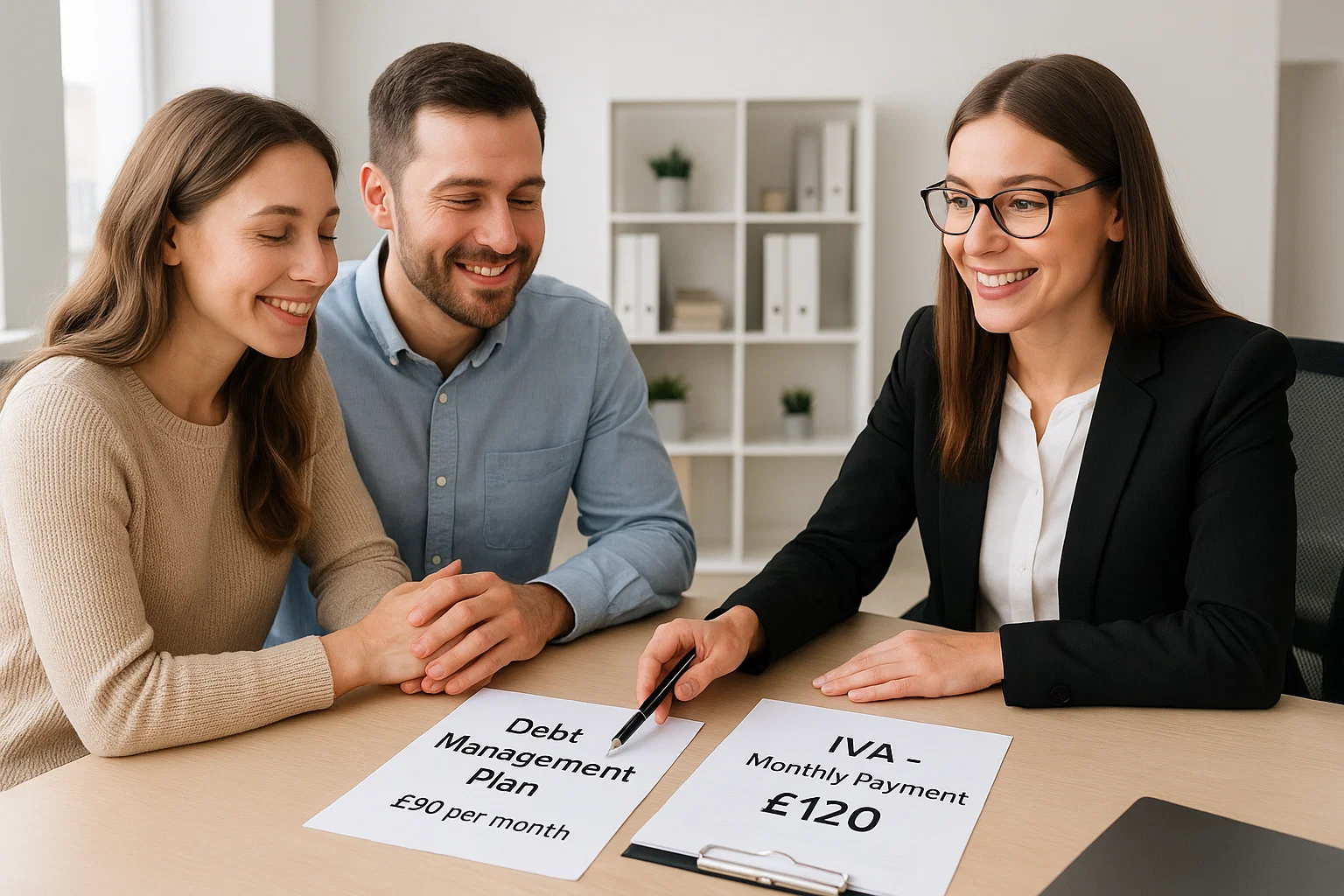 Debt adviser showing a couple documents titled “Debt Management Plan £90 per month” and “IVA – Monthly Payment £120.”
