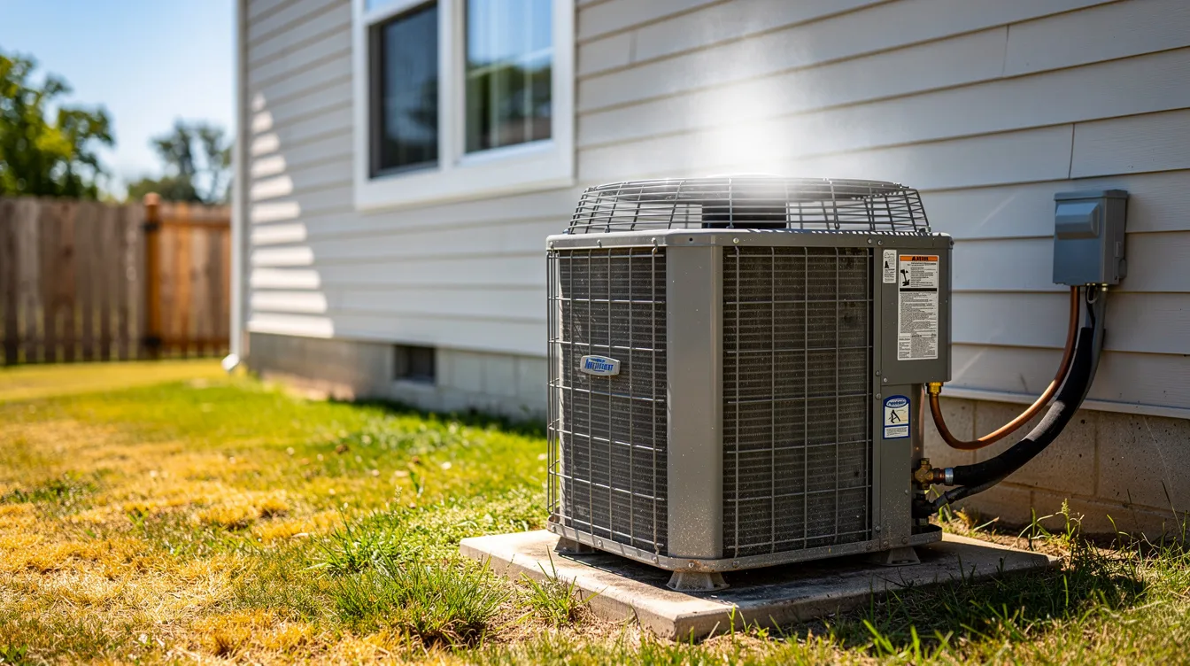 An outdoor air conditioning unit sits beside a house on a hot summer day, efficiently blowing cold air to provide comfort. The unit is part of the HVAC system, essential for maintaining a cool indoor environment during peak heat.