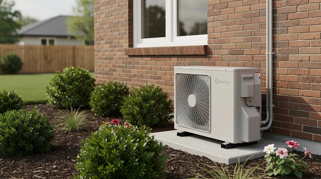 A modern heat pump outdoor unit is installed beside a brick residential home, surrounded by well-maintained landscaping. This efficient system is designed to provide optimal performance for heating and cooling, ensuring comfort in various weather conditions.