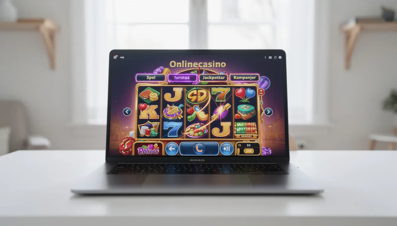 En dator står på ett ljust rum med ett casinogränssnitt synligt på skärmen, vilket visar olika casinospel som roulette och blackjack. Rummet ger en känsla av en modern spelupplevelse där man kan spela casino online och njuta av live casino med insättningar och uttag.