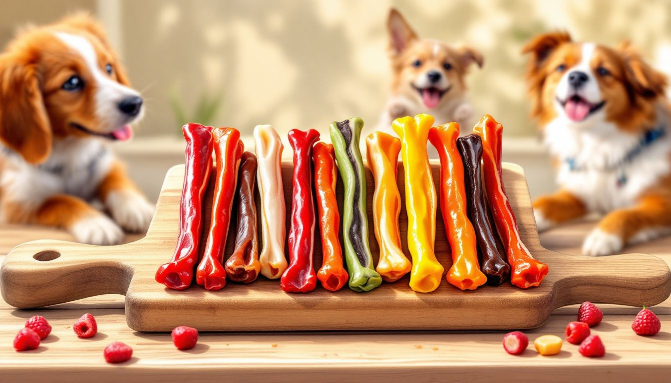 A variety of bully sticks displayed on a wooden surface.