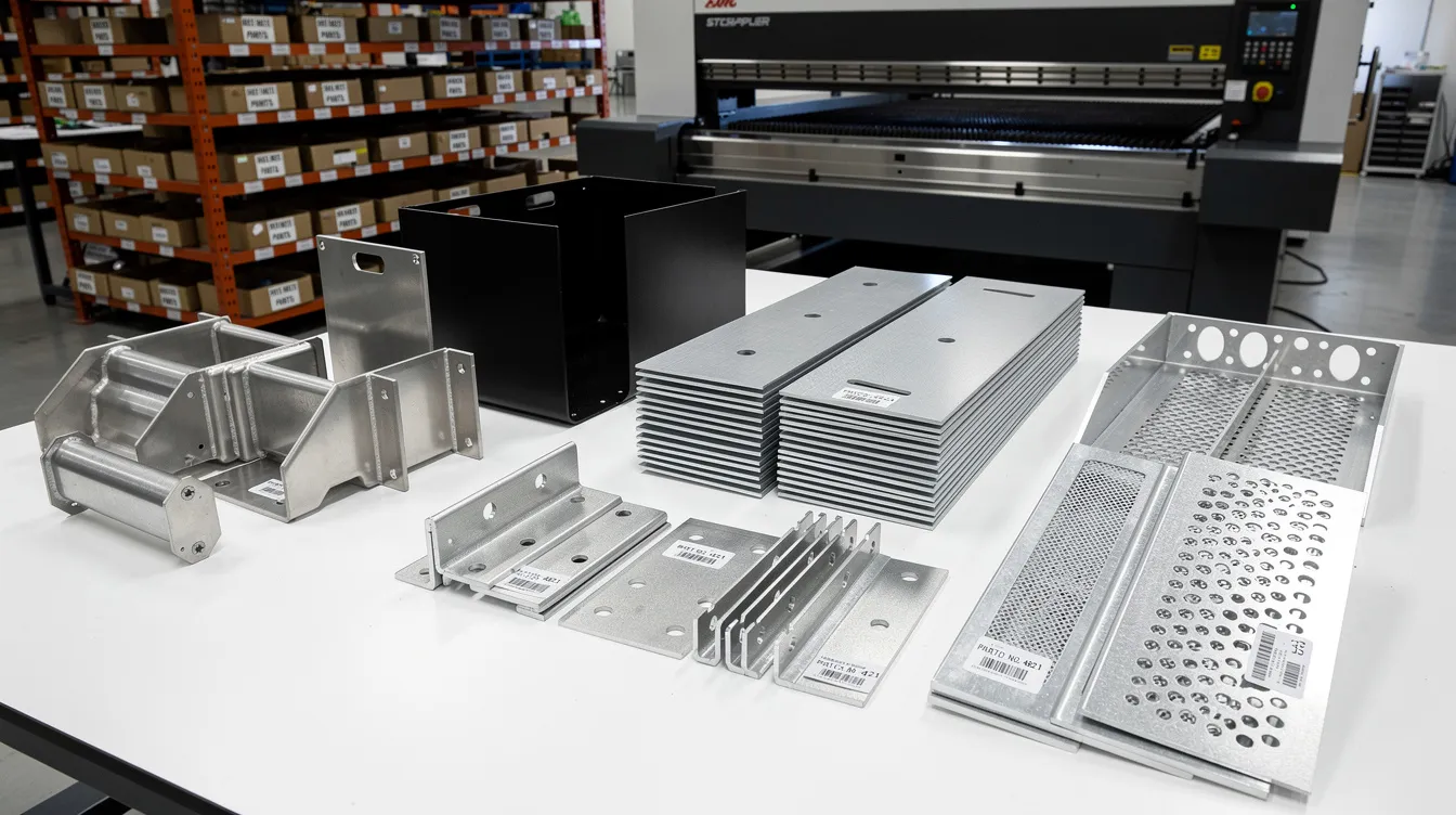 The image depicts a variety of custom sheet metal parts and components, showcasing the sheet metal fabrication process. It highlights the precision and quality of products offered by wholesale sheet metal fabrication parts suppliers, emphasizing their capabilities in high volume production and custom metal fabrication services.