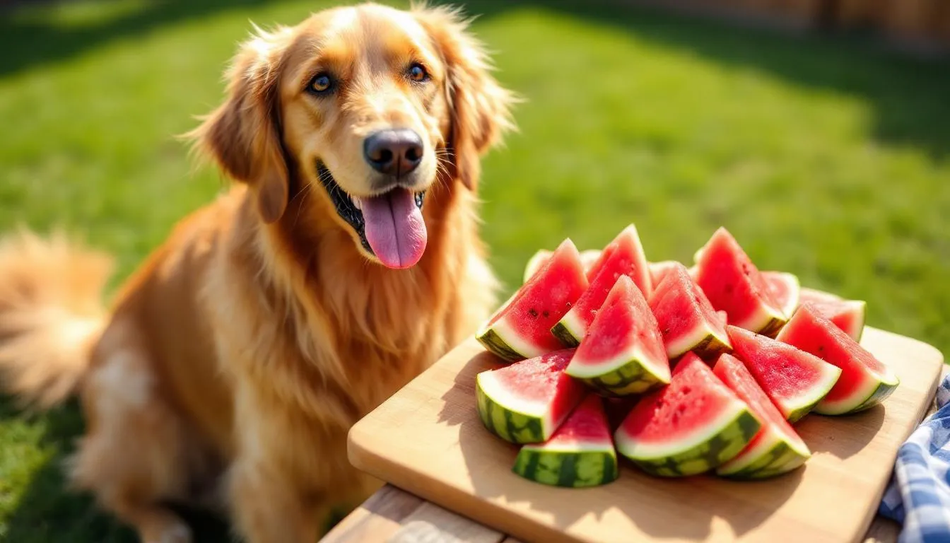 A happy dog sits next to slices of fresh watermelon on a sunny day, enjoying a refreshing and hydrating treat. This scene highlights how dogs can safely eat watermelon as a tasty snack, perfect for warm weather.