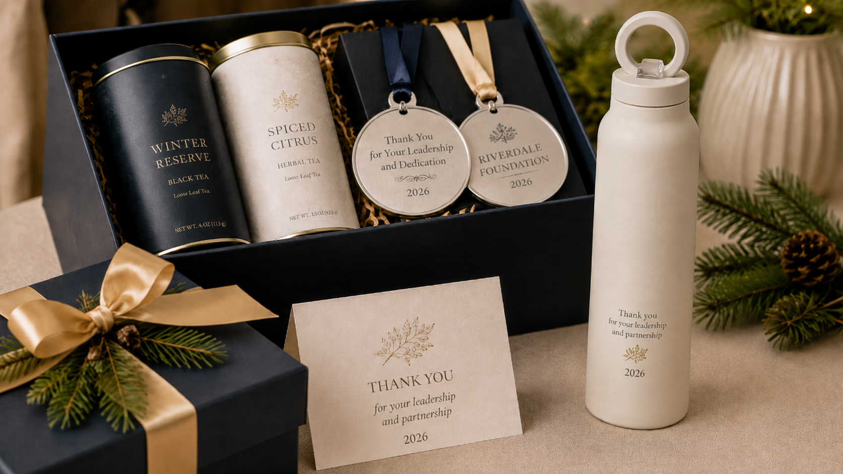 Year-end board gift box with a tumbler, notebook, blanket, tea, pen, and thank-you card