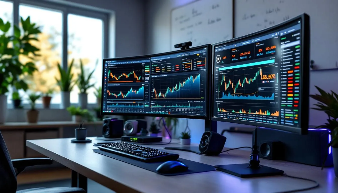 In the image, a modern cryptocurrency trading setup is displayed, featuring multiple screens that showcase various digital coins and their market trends. The setup highlights the use of blockchain technologie and distributed ledger technologie, emphasizing the dynamic nature of kryptowährungen and digital währungen in today’s financial systems.
