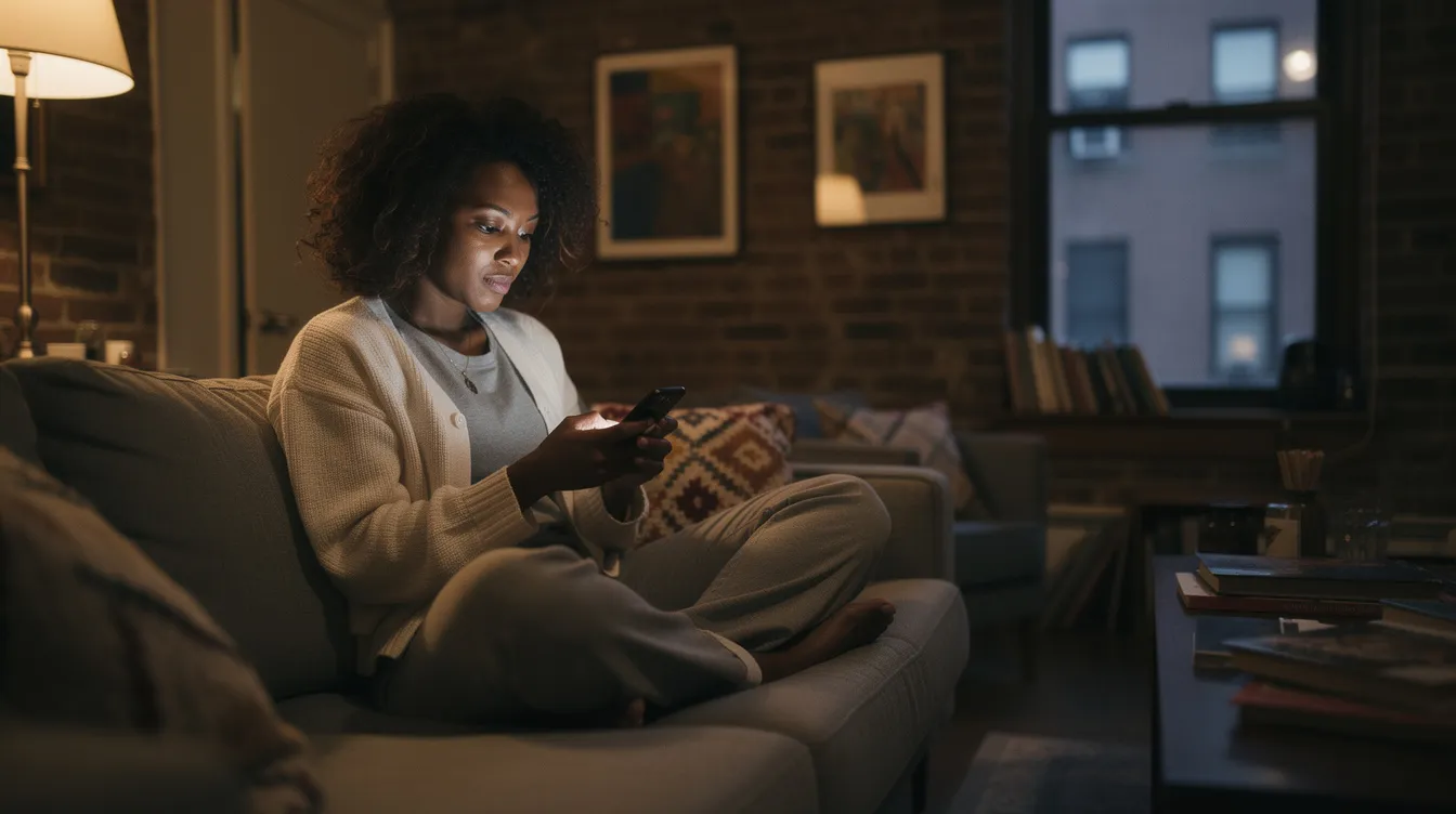 The image captures a Black woman in her late 30s, sitting quietly in a Brooklyn brownstone living room, absorbed in her phone amidst the warm glow of a lamp. This candid moment of solitude reflects a deep sense of contemplation, highlighting the importance of emotional connection and the complexities often faced in relationships, such as those addressed in couples therapy or marriage counseling.