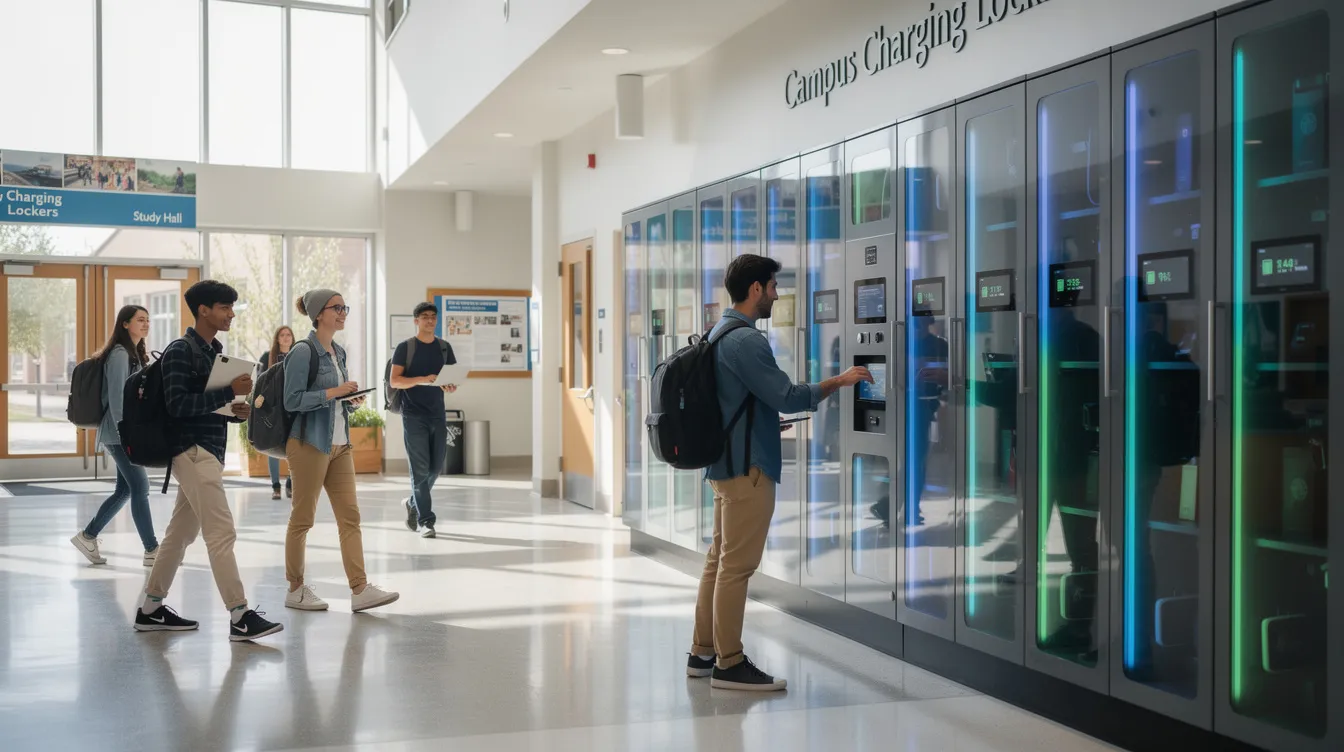 A group of students is walking past a bank of smart lockers in a university hallway, showcasing a modern smart locker system designed for secure storage and efficient package delivery. The smart locker technology enhances campus operations by providing a user-friendly solution for managing course materials and personal belongings.
