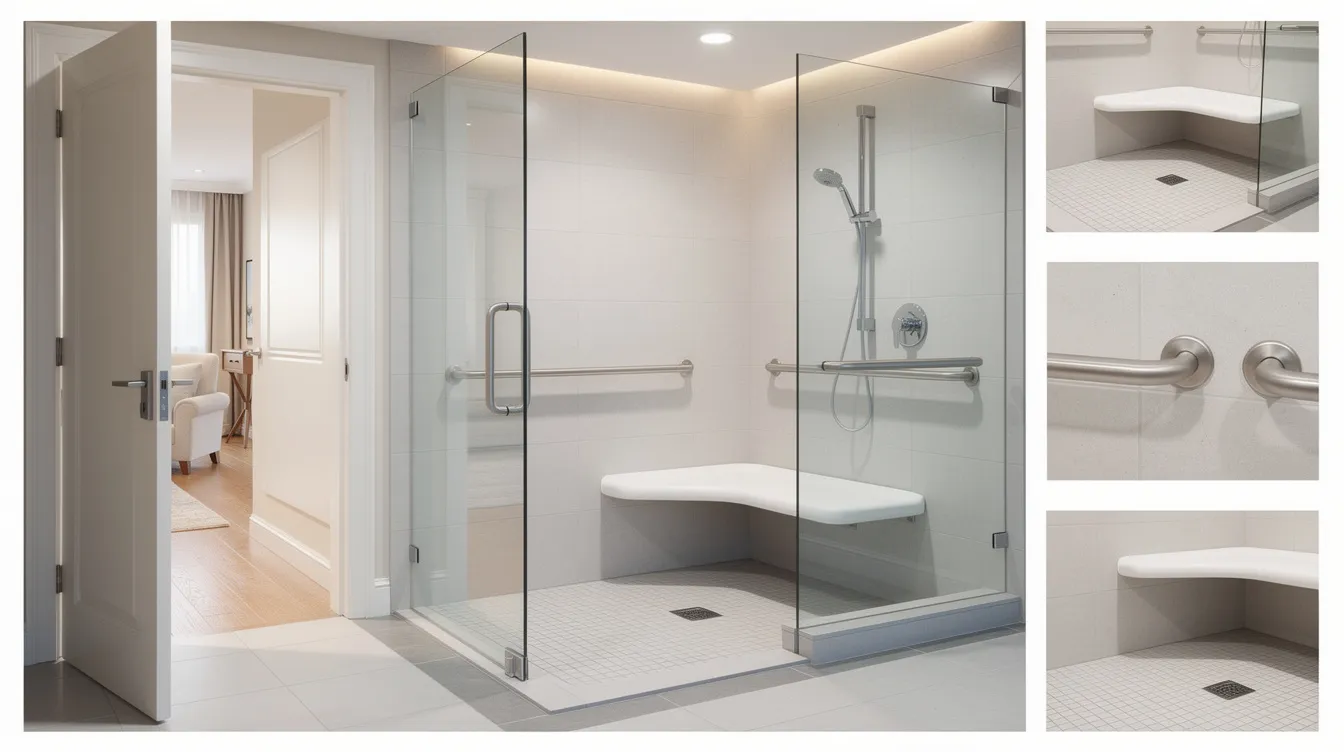 A walk-in shower with built-in seating for enhanced safety for elderly users.