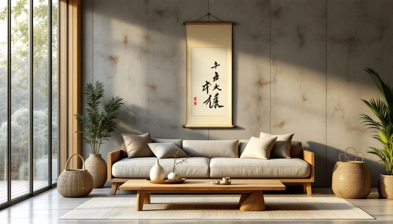 Modern living room incorporating wabi sabi wall decor with natural elements.