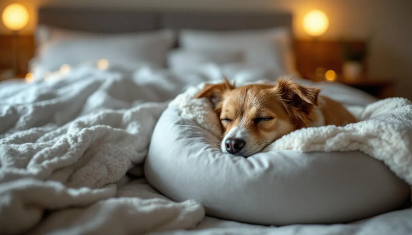 A cozy bedroom scene features a dog sleeping peacefully in a comfortable dog bed placed a few feet away from their owner
